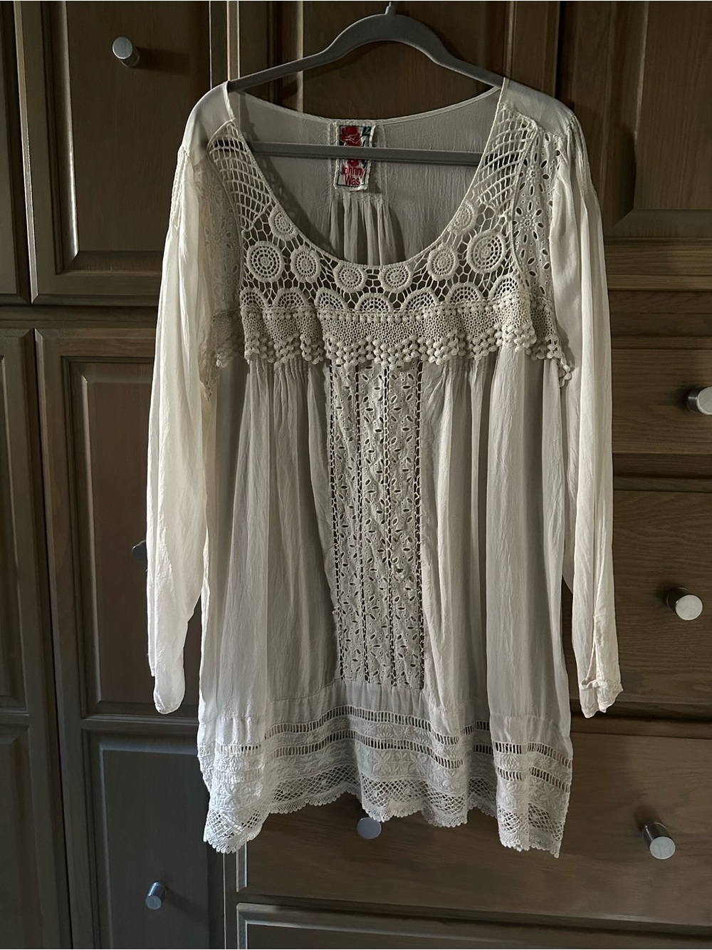 Johnny Was XL Bohemian Crochet-Trim Peasant Top - Cream